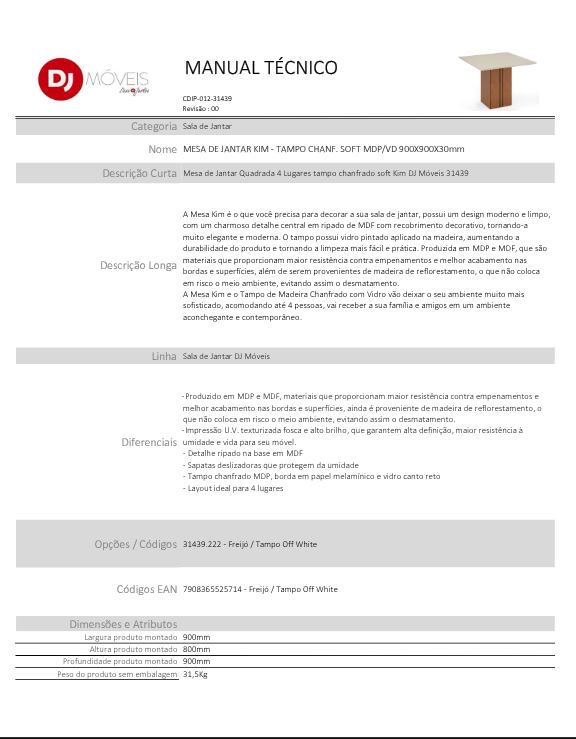 Manual  Mesa de Jantar Kim em PDF